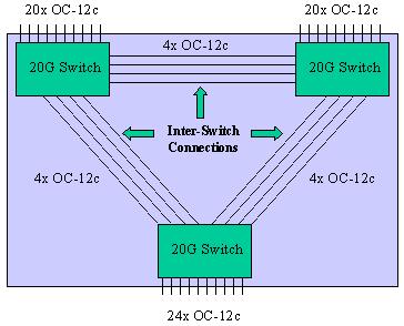 Three 20 Gbps Switches Providing 64 User Ports of OC-12c